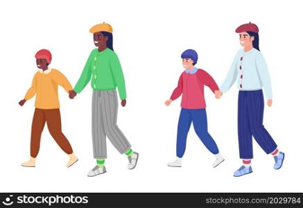 Mother with child on walk semi flat color vector characters set. Dynamic figures. Full body people on white. Winter isolated modern cartoon style illustration for graphic design and animation kit. Mother with child on walk semi flat color vector characters set