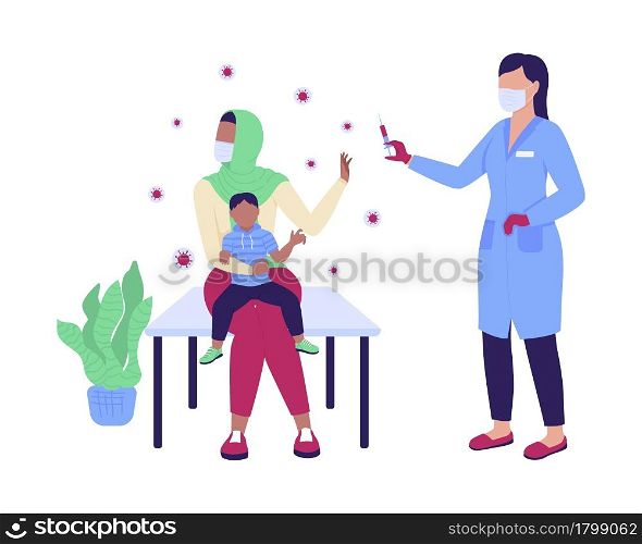 Mother with child refuses vaccine semi flat color vector characters. Full body people on white. Religious exemption isolated modern cartoon style illustration for graphic design and animation. Mother with child refuses vaccine semi flat color vector characters