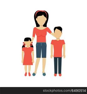 Mother with Children Banner Concept. Mother with children banner concept. Mum holding hand of his daughter and son. Family and parent, girl and boy with mum, happiness together love parenting brother and sister, vector illustration