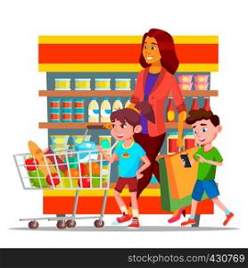 Mother With Children Shopping in Hypermarket Vector Characters. Cartoon Family Shopping In Grocery Shop. Mall, Supermarket. Buyers Carrying Bags Drawing. Mom And Kids Buying Food Flat Illustration. Mother With Children Shopping in Hypermarket Vector Characters