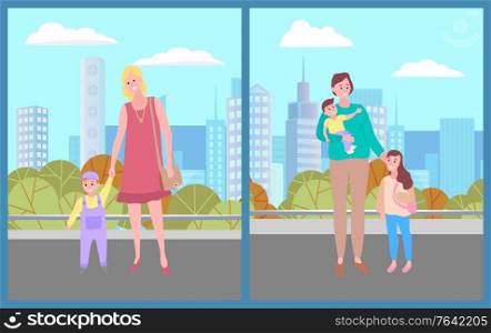 Mother with children walking in city park vector, flat style character lady with kiddo, toddler kid. Cityscape skyline, citizens relaxing on weekends. Family outdoors, woman with daughter and son. Mother with Toddler Family Mom and Kids in City