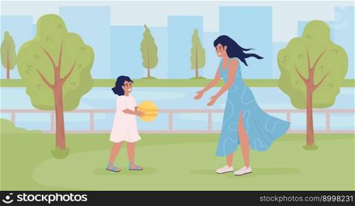 Mother with daughter enjoying time on waterfront flat color vector illustration. Playing with toddler on park. Hero image. Fully editable 2D simple cartoon characters with landscape on background. Mother with daughter enjoying time on waterfront flat color vector illustration