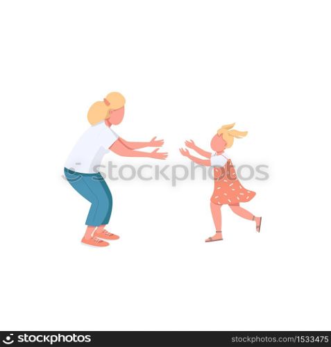 Mother with daughter flat color vector faceless characters. Little girl run to hug mom. Parenthood, motherhood. Happy family isolated cartoon illustration for web graphic design and animation. Mother with daughter flat color vector faceless characters