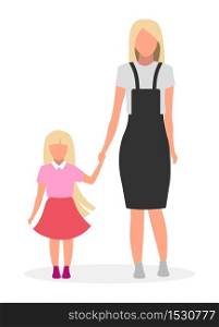 Mother with daughter flat vector illustration. Family lookbook concept. Blonde younger and older sisters cartoon character. Female parent with preschool, preteen child, kid on white background