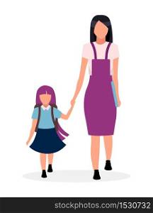 Mother with daughter going to kindergarten flat vector illustration. Older and younger sisters holding hands cartoon characters isolated on white background. Preteen schoolgirl and parent together