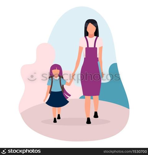 Mother with daughter going to school flat vector illustration. Older and younger sisters holding hands cartoon characters isolated on white background. Preteen and teen schoolchildren, schoolgirls