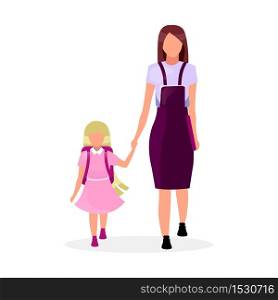 Mother with daughter going to school flat vector illustration. Older and younger sisters holding hands cartoon characters isolated on white background. Preteen and teen schoolchildren, schoolgirls
