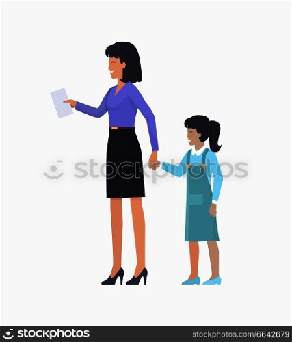 Mother with daughter icon with parent and child holding each other hands. Vector illustration with icon of kid and woman isolated on white background. Mother with Daughter Icon Vector Illustration