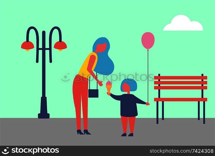 Mother with daughter in entertainment park cartoon vector. Woman with bag buying ice cream and balloon with helium for child, bench and street lamp. Mother with Daughter in Entertainment Park Cartoon