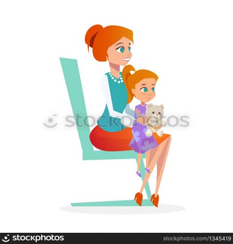 Mother with Daughter in Pediatrician Appointment. Cartoon Flat Illustration of Red Hair Mum Sitting on Chair in Doctor Office with Child Girl holding Cute Bear. Happy Beautiful Family.. Mother with Daughter in Pediatrician Appointment.
