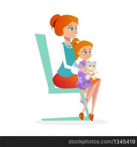 Mother with Daughter in Pediatrician Appointment. Cartoon Flat Illustration of Red Hair Mum Sitting on Chair in Doctor Office with Child Girl holding Cute Bear. Happy Beautiful Family.. Mother with Daughter in Pediatrician Appointment.