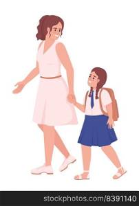 Mother with daughter in school uniform semi flat color vector characters. Editable figures. Full body people on white. Simple cartoon style illustration for web graphic design and animation. Mother with daughter in school uniform semi flat color vector characters