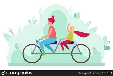 Mother with daughter riding tandem bicycle. Woman and child cycling together in park. Parent and kid on double bike. Summer sports, active family leisure. Mother and Daughter Riding Double Bicycle Vector
