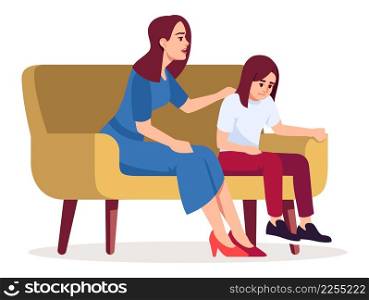 Mother with daughter sitting on sofa semi flat RGB color vector illustration. Woman with girl visiting psychologist consultation meeting isolated cartoon characters on white background. Mother with daughter sitting on sofa semi flat RGB color vector illustration