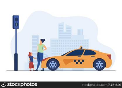 Mother with daughter waiting for taxi. Kid, car, traffic flat vector illustration. Transportation and urban lifestyle concept for banner, website design or landing web page