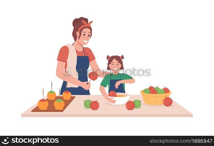 Mother with kid cook semi flat color vector characters. Posing figures. Full body people on white. Making candy apples isolated modern cartoon style illustration for graphic design and animation. Mother with kid cook semi flat color vector characters