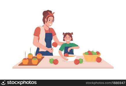 Mother with kid cook semi flat color vector characters. Posing figures. Full body people on white. Making candy apples isolated modern cartoon style illustration for graphic design and animation. Mother with kid cook semi flat color vector characters
