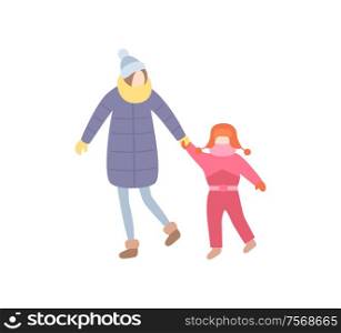 Mother with kid holding hand of daughter, family spending time outdoors vector. Woman and child wearing warm clothes, winter season cold days weather. Mother with Kid Holding Hand of Daughter Outdoors