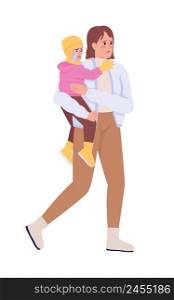 Mother with kid leaving home by war and persecution semi flat color vector characters. Scared figures. Full body people on white. Simple cartoon style illustration for web graphic design and animation. Mother with kid leaving home by war and persecution semi flat color vector characters