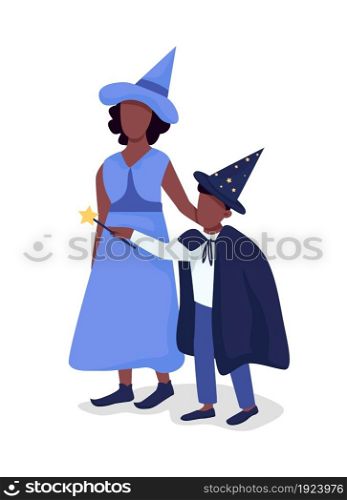 Mother with kid on Halloween semi flat color vector character. Costumed figure. Full body people on white. Party isolated modern cartoon style illustration for graphic design and animation. Mother with kid on Halloween semi flat color vector character