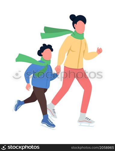 Mother with kid skating semi flat color vector characters. Dynamic figures. Full body people on white. Fun together isolated modern cartoon style illustration for graphic design and animation. Mother with kid skating semi flat color vector characters