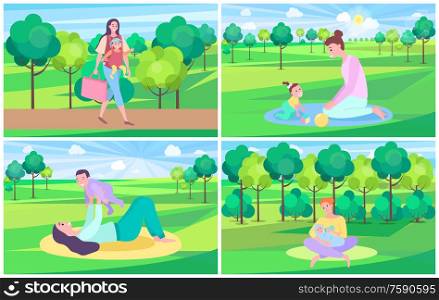 Mother with kid vector set, mom walking in forest carrying newborn child. Woman feeding baby, trees and green lawns, playing mum fair weather outdoors. Mother with Child on Nature, Mom Feeding Baby