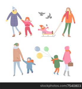 Mother with kid, walking during winter season vector. People having fun outdoors, woman and child riding sleigh, flying pigeons and balloons decor. Mother with Kid, Walking during Winter Season