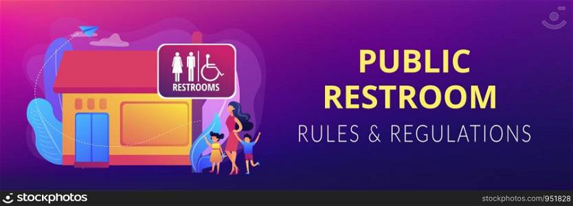 Mother with kids going to wc, bathroom. Rest room sign. Public restrooms, public toilet facilities, public restroom rules & regulations concept. Header or footer banner template with copy space.. Public restroomsconcept banner header