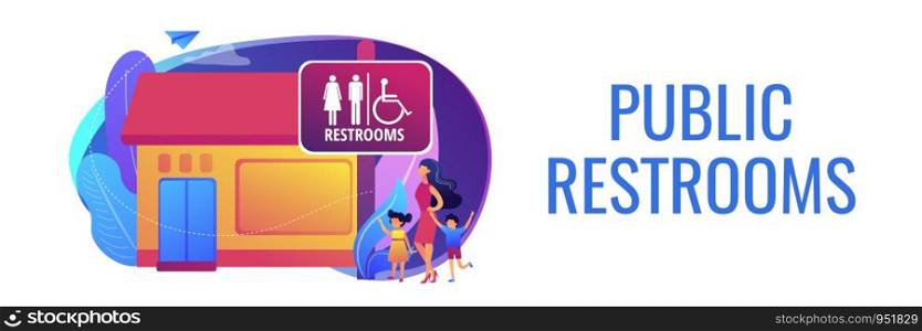 Mother with kids going to wc, bathroom. Rest room sign. Public restrooms, public toilet facilities, public restroom rules & regulations concept. Header or footer banner template with copy space.. Public restroomsconcept banner header