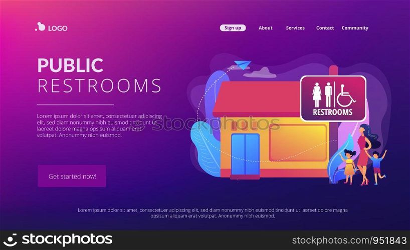 Mother with kids going to wc, bathroom. Rest room sign. Public restrooms, public toilet facilities, public restroom rules & regulations concept. Website homepage landing web page template.. Public restroomsconcept landing page