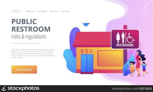Mother with kids going to wc, bathroom. Rest room sign. Public restrooms, public toilet facilities, public restroom rules & regulations concept. Website homepage landing web page template.. Public restroomsconcept landing page