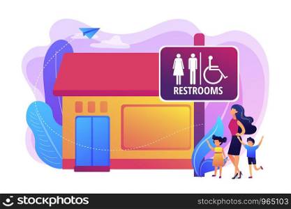 Mother with kids going to wc, bathroom. Rest room sign. Public restrooms, public toilet facilities, public restroom rules and regulations concept. Bright vibrant violet vector isolated illustration. Public restroomsconcept vector illustration