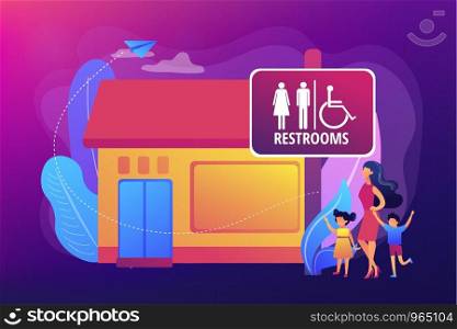 Mother with kids going to wc, bathroom. Rest room sign. Public restrooms, public toilet facilities, public restroom rules and regulations concept. Bright vibrant violet vector isolated illustration. Public restroomsconcept vector illustration