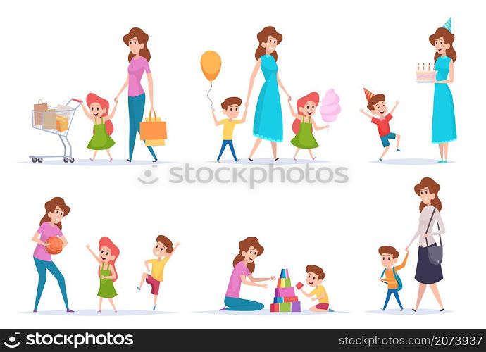 Mother with kids. Happy children spend time with love mommy exact vector parents characters cartoon. Mother parent spend with kids illustration. Mother with kids. Happy children spend time with love mommy exact vector parents characters cartoon