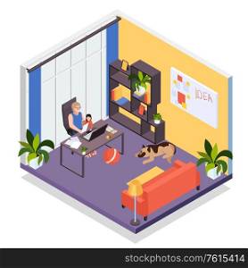 Mother with laptop works remotely from home holding baby on lap isometric living room interior vector illustration