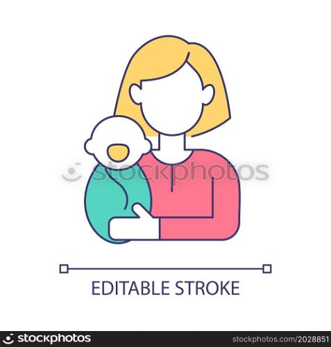 Mother with little baby RGB color icon. Parent social role example. Culture moral norms expectation to woman person. Gender engagement. Isolated vector illustration. Simple filled line drawing. Mother with little baby RGB color icon