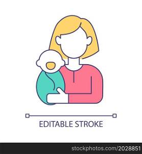 Mother with little baby RGB color icon. Parent social role example. Culture moral norms expectation to woman person. Gender engagement. Isolated vector illustration. Simple filled line drawing. Mother with little baby RGB color icon