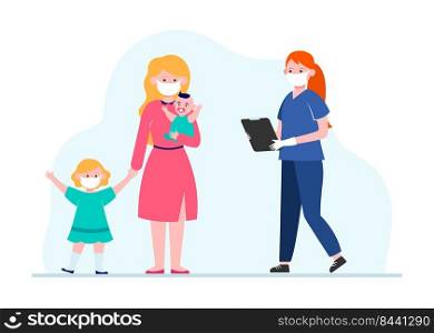 Mother with little children visiting pediatrician. Doctor in face mask meeting patient flat vector illustration. Medical examination, virus concept for banner, website design or landing web page