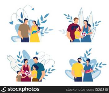 Mother with Newborn Discharge from Maternity Clinic Set. Happy Family Celebrating Addition. Father with Children Congratulating Mom with Child Birth. Cartoon Floral Design. Vector Flat Illustration. Happy Family and Newborn Baby Cartoon Floral Set