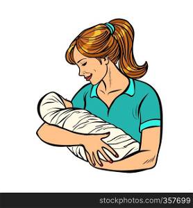 mother with newborn, woman and child isolate on white background. Comic cartoon pop art vector retro vintage drawing. mother with newborn, woman and child isolate on white background