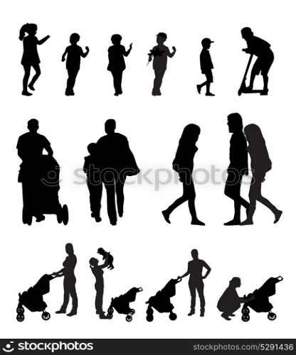 Mother with Pram and Children Silhouette Vector Illustration