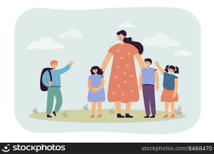 Mother with preschool children and schoolboy standing together. Boy going to school for first time flat vector illustration. Elementary school concept for banner, website design or landing web page. Mother with preschool children and schoolboy standing together