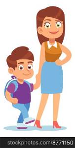 Mother with son. Daily happy boy hold moms hand, cute school pupil with backpack, happy young parent, happy family, relationships and parenthood concept vector cartoon flat style isolated illustration. Mother with son. Daily happy boy hold moms hand, cute school pupil with backpack, happy young parent, happy family, relationships and parenthood concept vector cartoon flat illustration