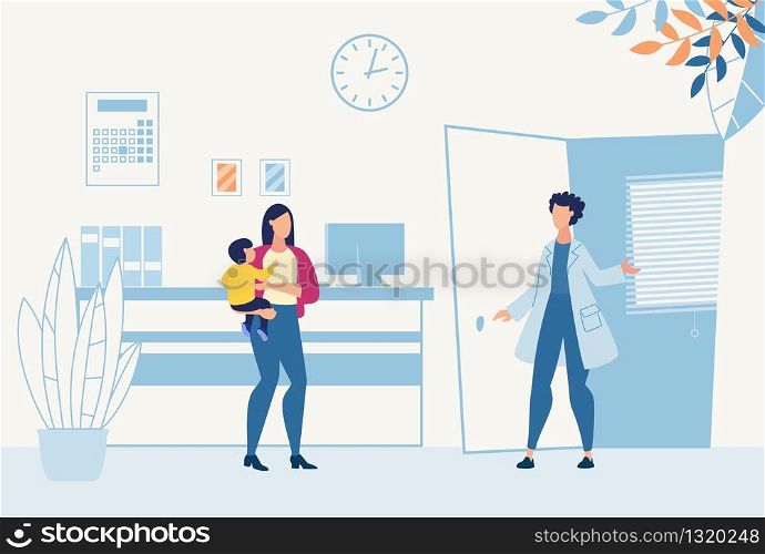 Mother with Son in Hands Visit Pediatrician for Consultation, Doctor Checkup or Vaccination. Friendly Practitioner Greeting Patient at Flat Cartoon Hospital Reception. Vector Illustration. Mom with Son Visit Pediatrician for Consultation