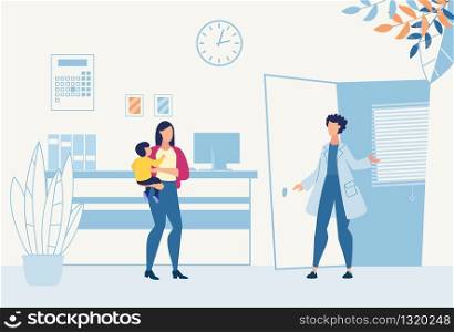 Mother with Son in Hands Visit Pediatrician for Consultation, Doctor Checkup or Vaccination. Friendly Practitioner Greeting Patient at Flat Cartoon Hospital Reception. Vector Illustration. Mom with Son Visit Pediatrician for Consultation