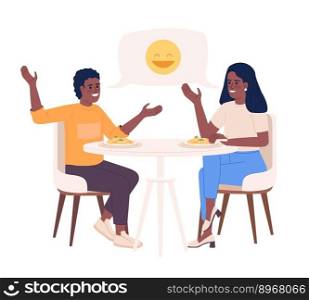 Mother with son talking and joking over meal semi flat color vector characters. Editable figures. Full body people on white. Simple cartoon style illustration for web graphic design and animation. Mother with son talking and joking over meal semi flat color vector characters