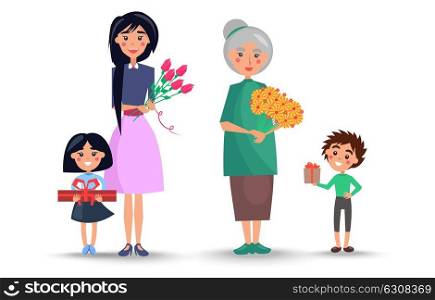 Mother with tulips, grandmother with gerberas and little children with gift boxes isolated vector illustrations set on white background.. Mother and Grandmother with Flowers and Children