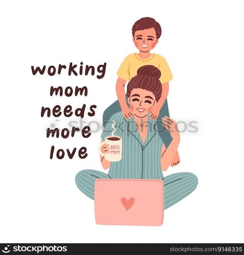 Mother work from home. Working mom, happy busy freelancer holding baby son. Flat vector illustration