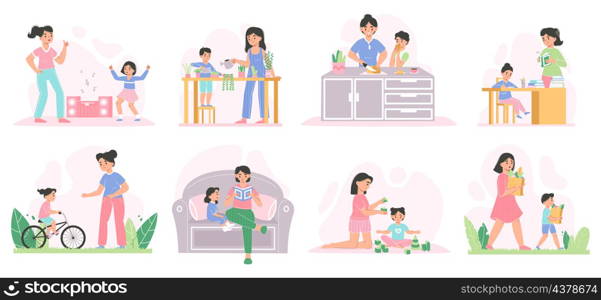 Motherhood activities, moms and children reading books, playing, cooking. Happy family, moms with kids spend time together vector illustration set. Mothers and children scenes, leisure activities. Motherhood activities, moms and children reading books, playing, cooking. Happy family, moms with kids spend time together vector illustration set. Mothers and children scenes