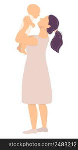 Motherhood and a happy family. A young mother in a pink dress with a newborn baby in her arms. Vector illustration